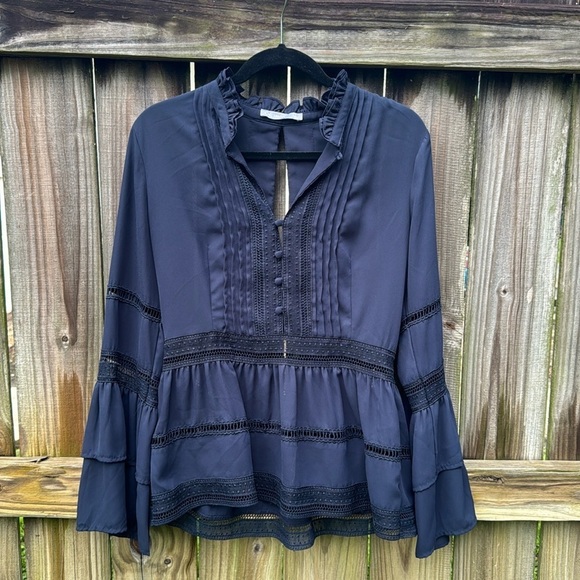 Octavia Tops - Octavia navy blouse, lace details, bell sleeves, size medium